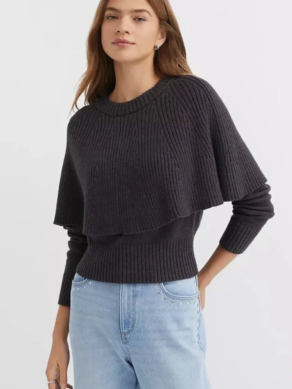 NWT Ann Taylor Loft Gray Ribbed Cape Overlay Sweater Size Small